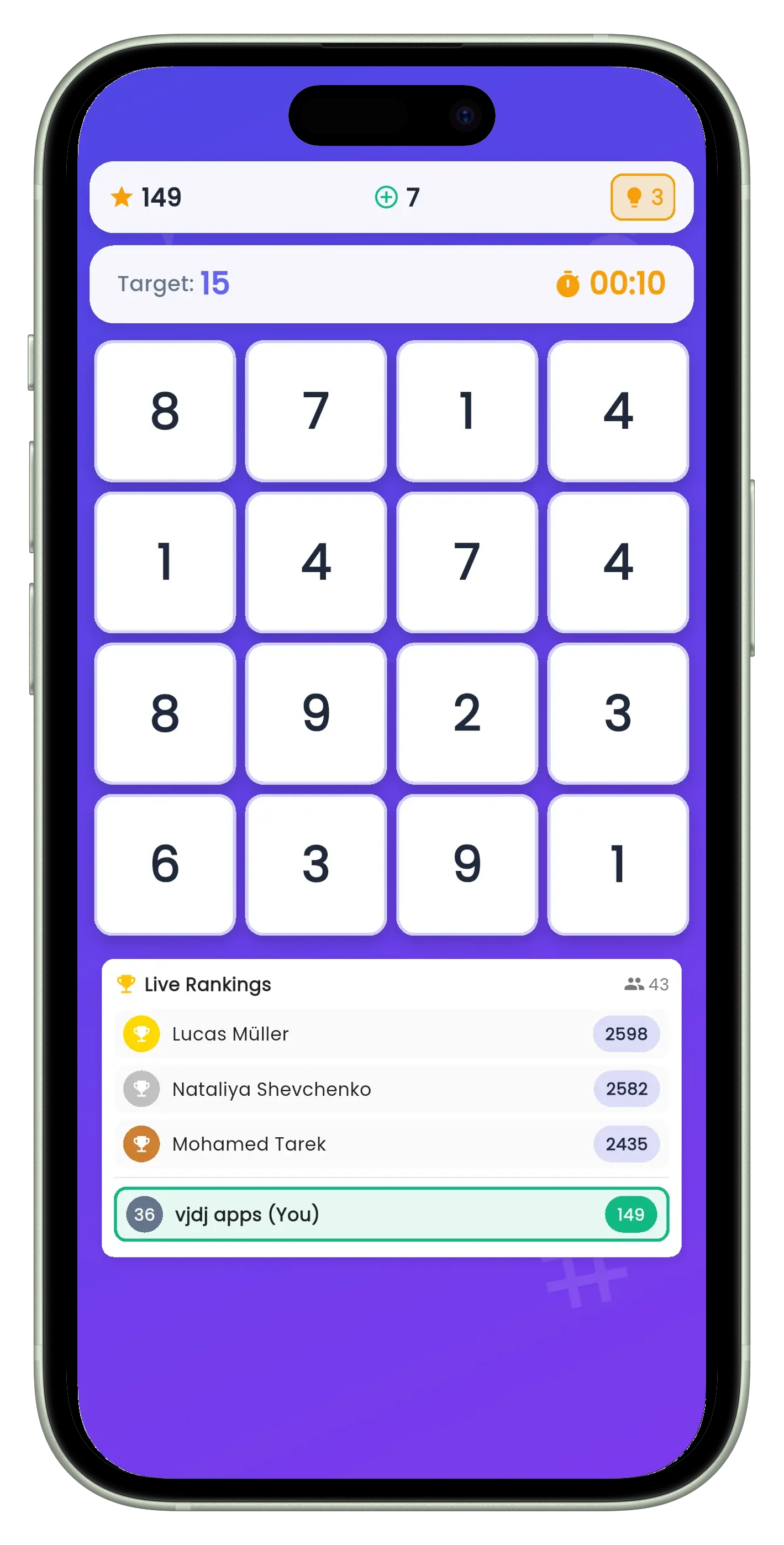 Sum Is game screen with number grid and live rankings